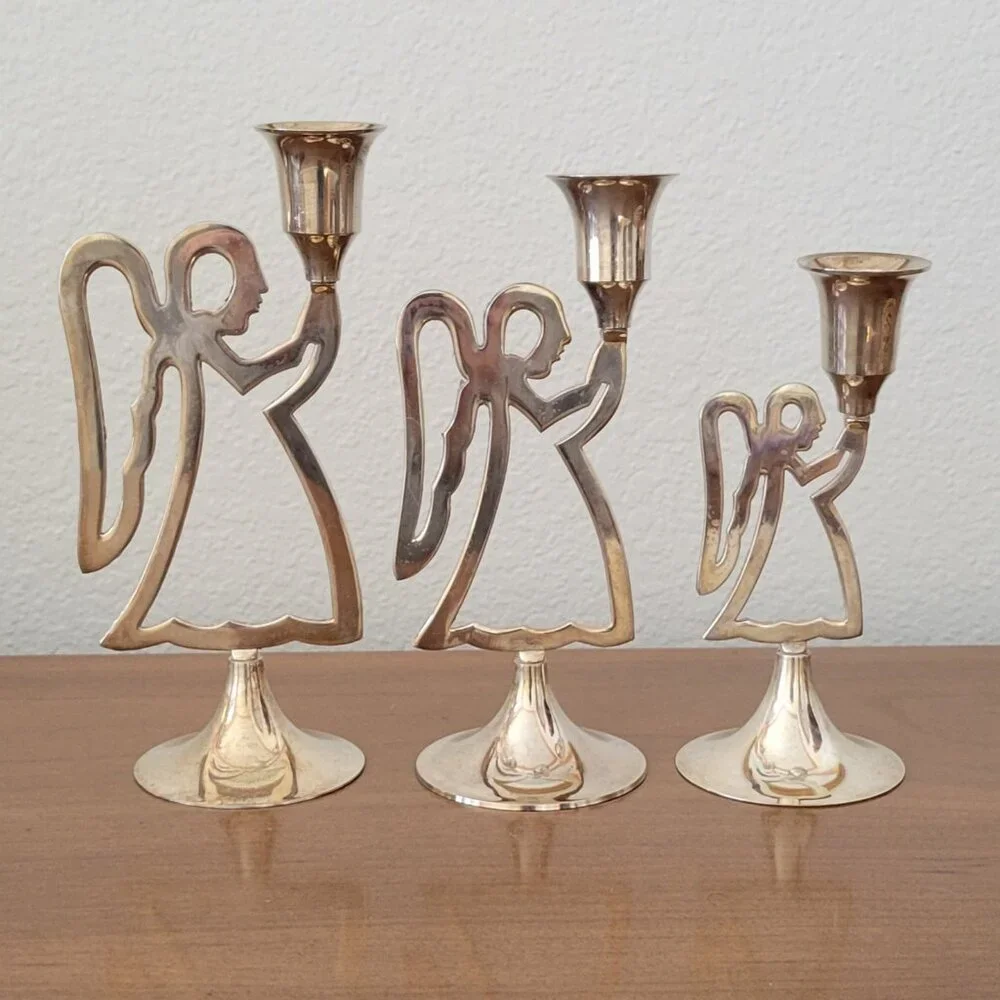 VTG Praying Angel Candlesticks Set of 3 by International Silver Co – Brass Tone
